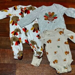 Carter's Festive Turkey Baby Bodysuits - Gray, White, Cream